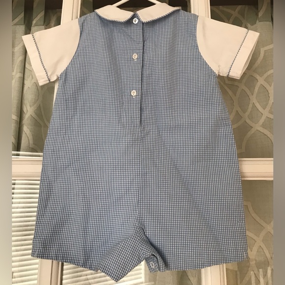 Petit Ami 6 months crabs coastal nautical beach summer blue checked short romper - Picture 2 of 5